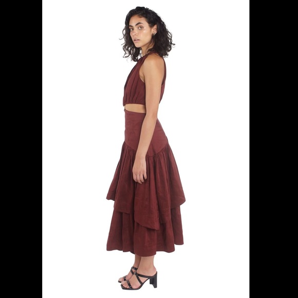AJE CALIENTE CUT OUT MIDI DRESS MAROON RED,Cutout Layered Dress, Linen Blend - Picture 10 of 15